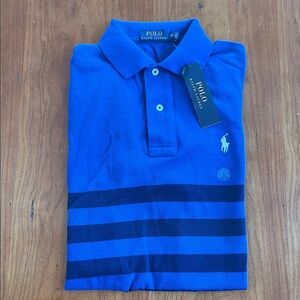 NWT Polo by Ralph Lauren Men's Cotton Mesh Polo Shirt. Royal/Navy Blue Stripes.